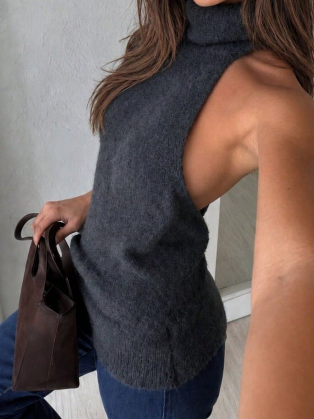 Dark Grey Casual Women's Knitted High Neck Top